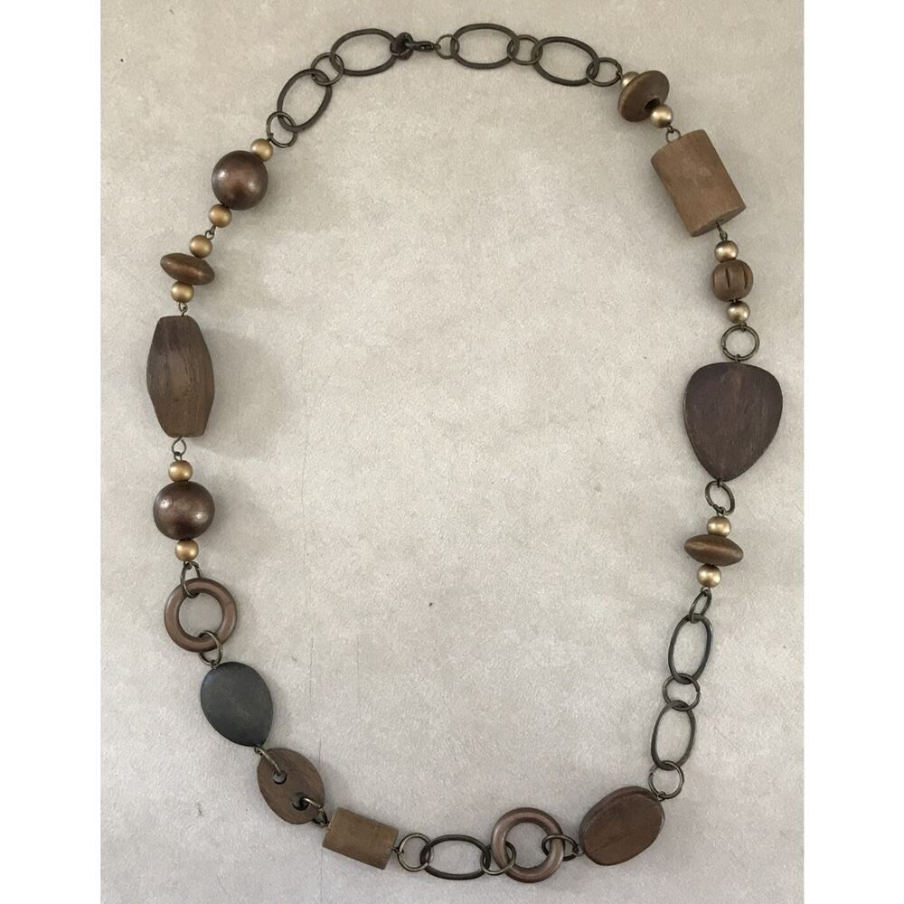 Icing Natural Dark Wood Beaded Metal Bronze Chain Hippy Boho Long Necklace